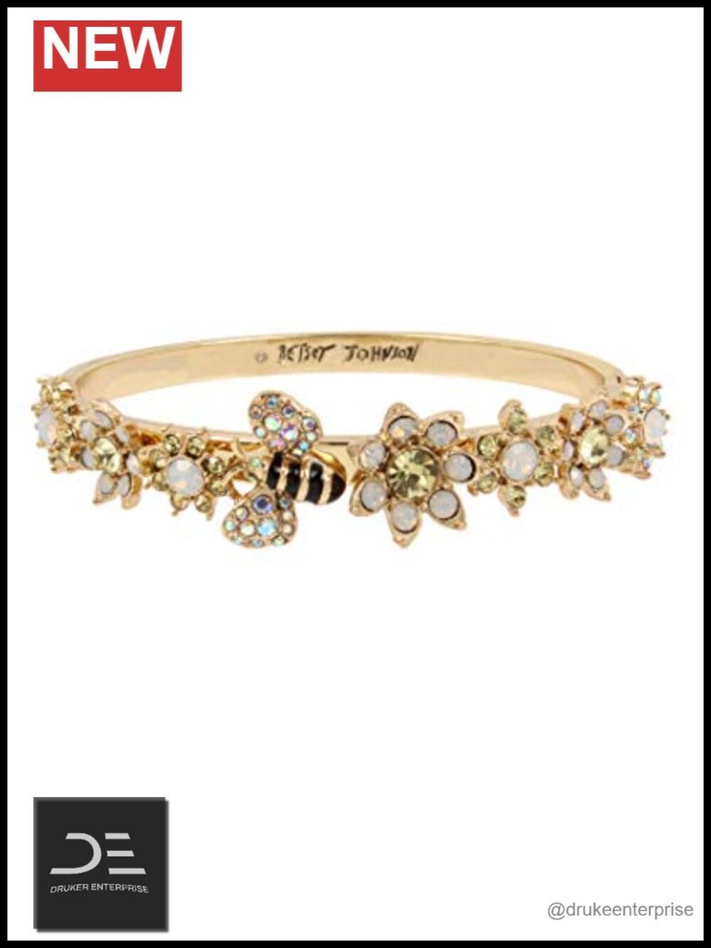 Gold-tone Metal Hinged Bangle Bracelet Motif Floral Bee Pave Glass
